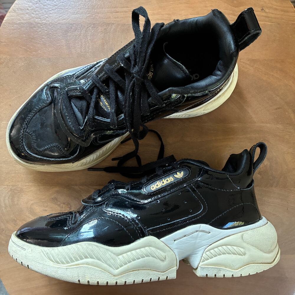 Adidas SUPERCOURT RX Retro Style Sneakers Black Patent Leather Sz 6.5